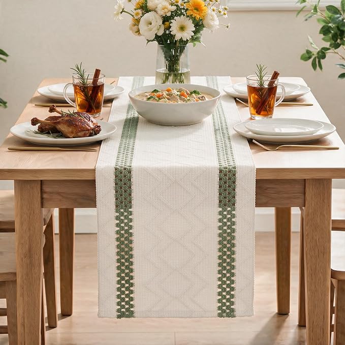 Artoid Mode Sage Green Stripe Woven Rustic Table Runner 12x48 Inch | Holiday - Image 2