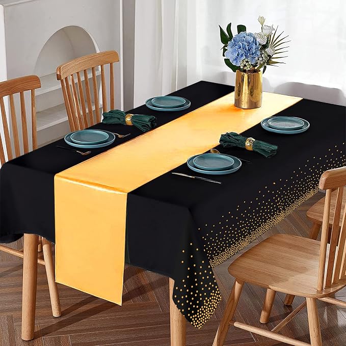 16Pack Disposable Plastic Tablecloths and Satin Table Runner Set Black Gold Dot - Image 4