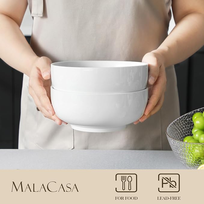 MALACASA Salad Soup Bowls Set of 2, 44 OZ White Ceramic Bowls | Porcelain Bowls - Image 3