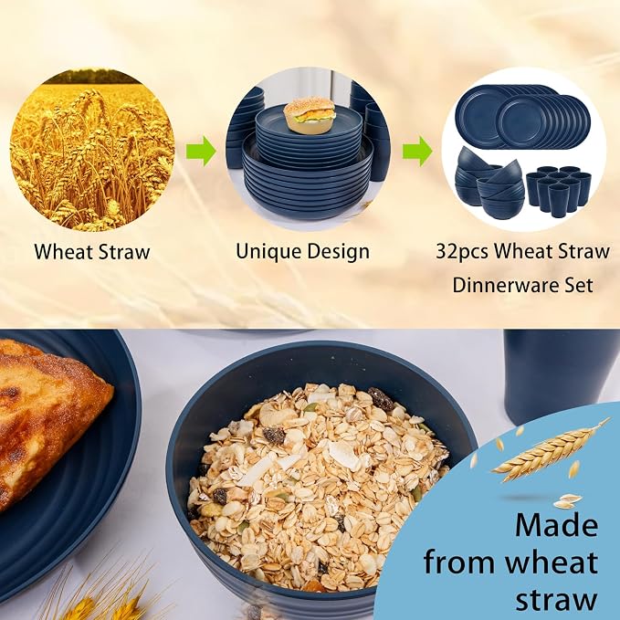 32PCS Blue Wheat Straw Dinnerware Sets - Image 4