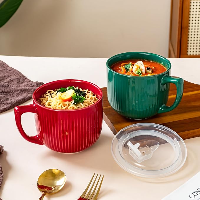 Ceramic Soup Bowl with Handle & Lid, 32oz Microwave Ramen Bowl Burgundy Red | - Image 5