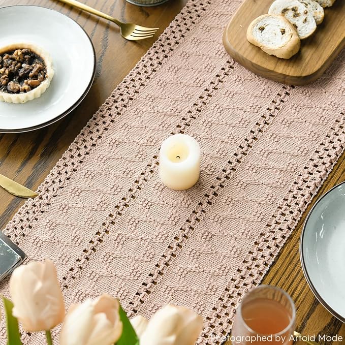 Artoid Mode Pink Woven Farmhouse Hollow Table Runner 12x60 Inch | Holiday - Image 5