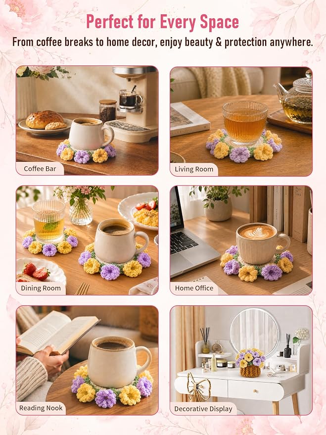 Crochet Flower Bouquet Coasters, Cotton Tulip Gifts - Image 8