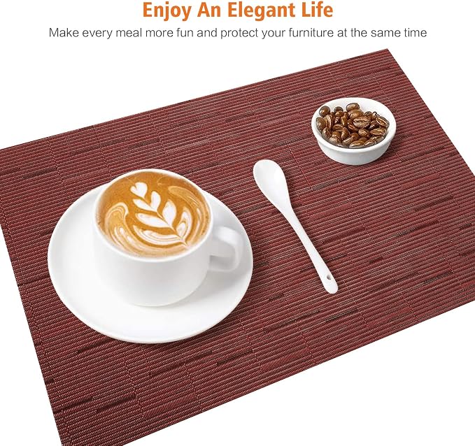 Placemats Set of 8, Vinyl Woven Red Non Slip Table Mats | Heat Resistant - Image 5