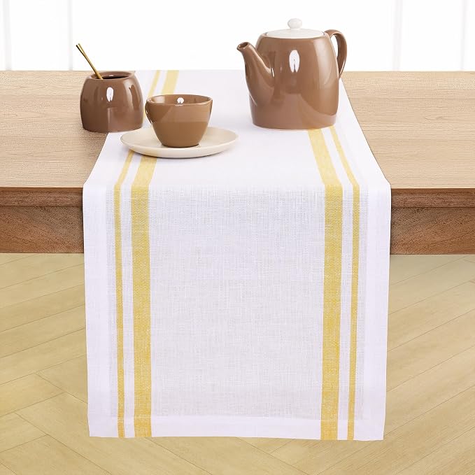 Solino Home 100% Pure Linen Table Runner, 14 x 90 in, French Stripe | Table by SolinoHome