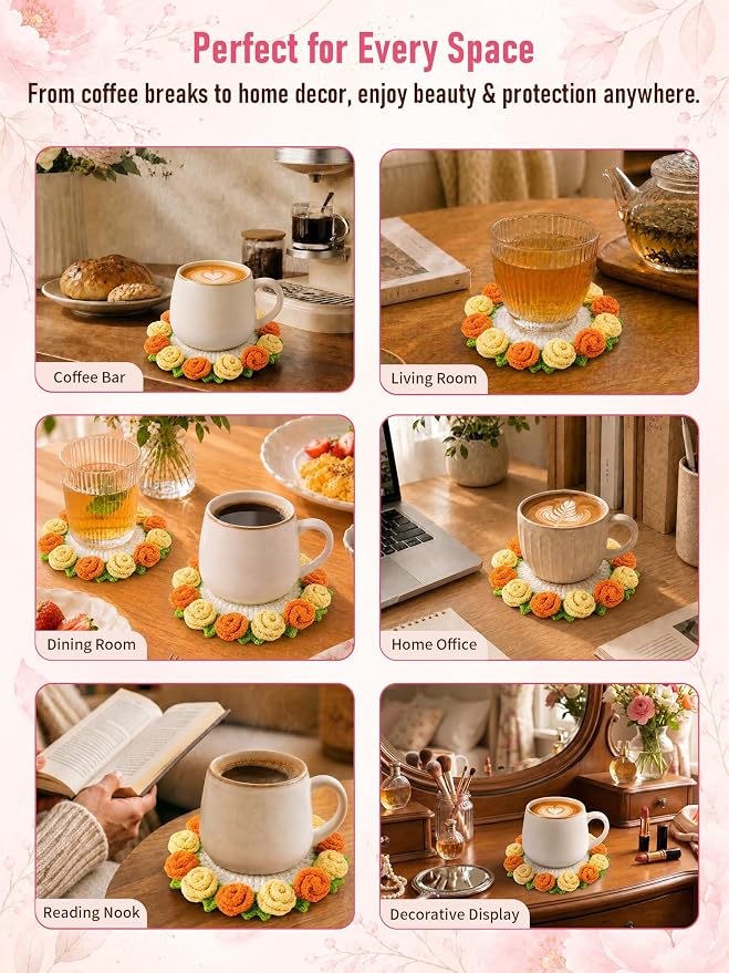 Crochet Flower Bouquet Coasters, Cotton Rose Gifts - Image 8