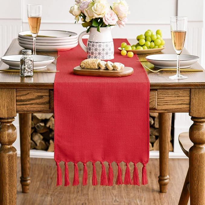 Artoid Mode Red Tassel Table Runner, Christmas New Year Linen Blend Rustic - Image 3