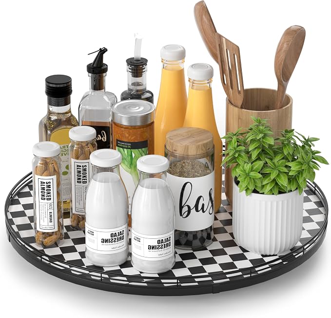 AMH 16-Inch Black and White Checkerboard Lazy Susan Decorative Tray | Smooth by AMH