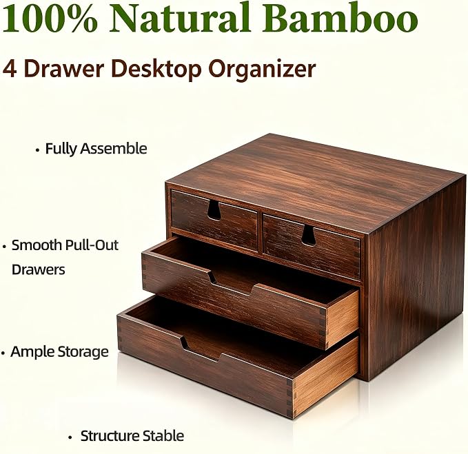 Bamboo Desk Organizer, 100% Natural Bamboo Desktop Drawer Organizer, Dark Brown - Image 4