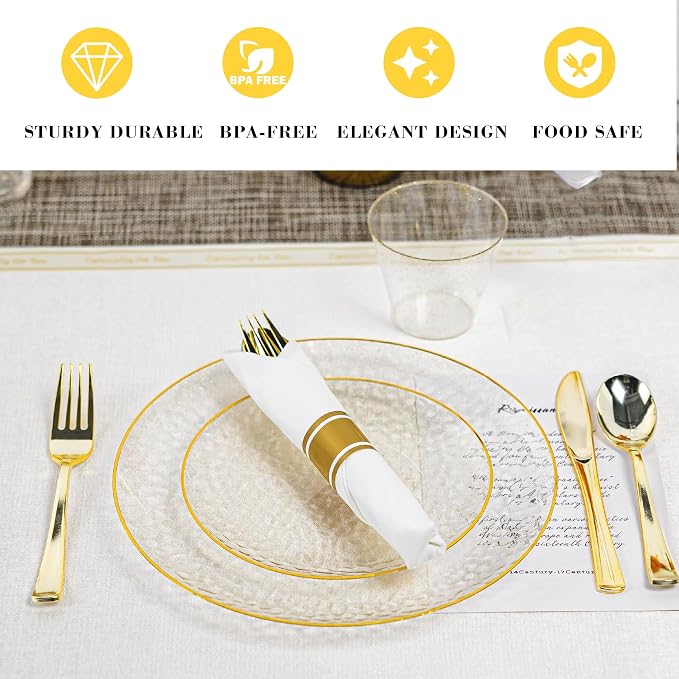 HOMIP 350PCS Clear Gold Glilter Plastic Dinnerware Set, Prerolled Silverware | - Image 3