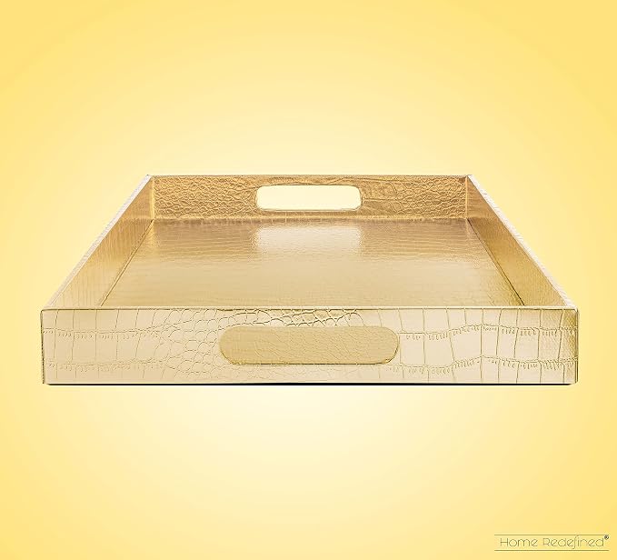 Home Redefined 17.5"x12" Gold Glossy Crocodile Faux Leather Serving Tray - Image 4