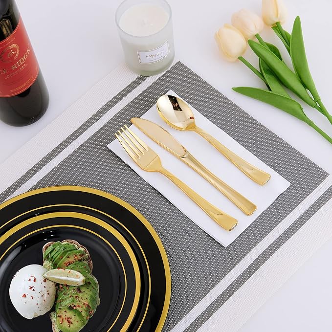 25 Guests Plastic Plates Set Gold Disposable Dinnerware Set | Include 25 Pc 10" - Image 6