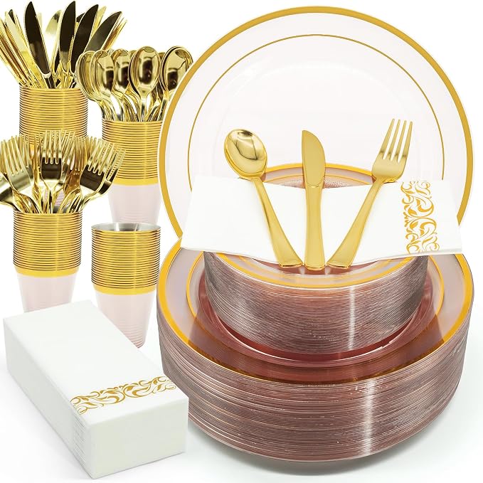 AIRE Gold Pink Plastic Plates Set, sturdy leakproof cutlery, fancy party - Image 7