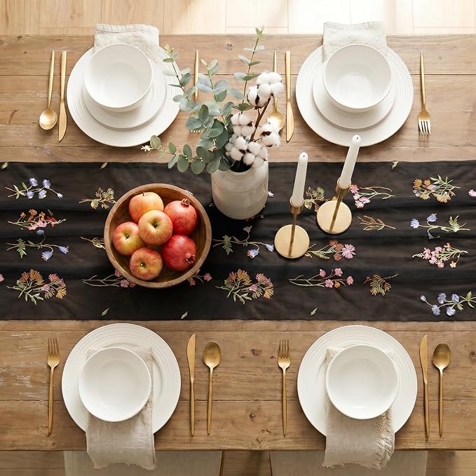 Artoid Mode Wildflower Floral Black Gauze Embroidery Table Runner 120 Inch 10FT - Image 5