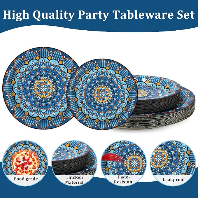 100PCS Boho Paper Plates 7Inch & 9Inch, Vintage Bohemian Disposable Dinnerware - Image 4