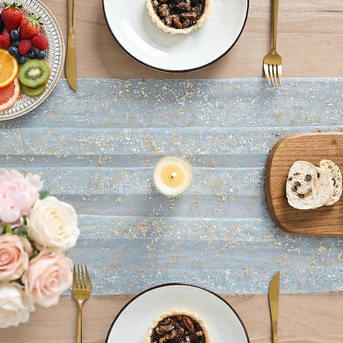 Artoid Mode 6PC Gold Gauze Light Blue Table Runner 120 Inch 10FT, Glitter - Image 3