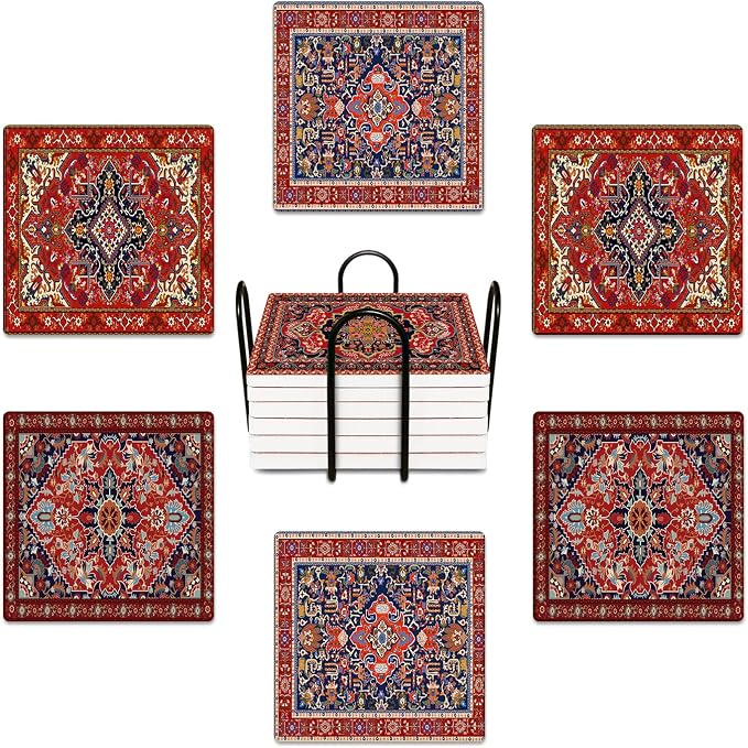 Geometric Coasters for Drinks, Ceramic Stone | Tribal Absorbent Square Table Mat by BRIBAY