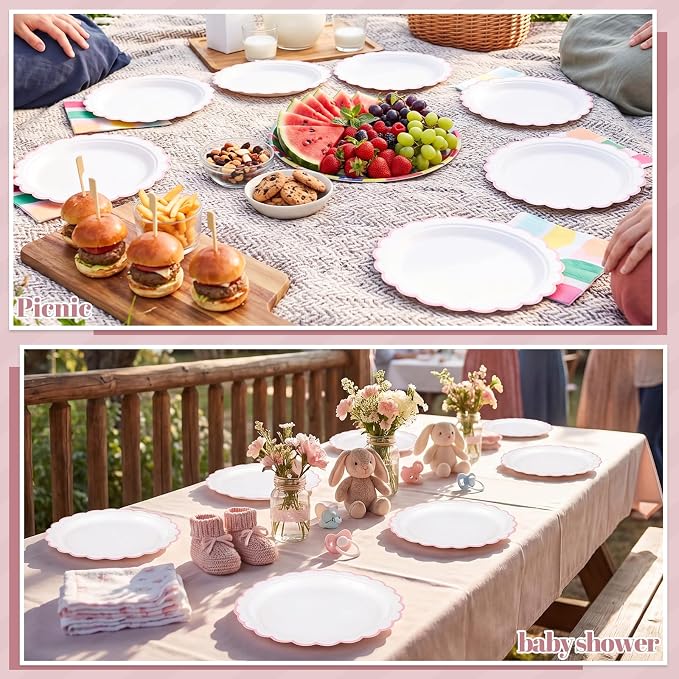 NatNarr 30 Pk Pink Paper Plates 7" Scalloped Pink White Dessert Cake Plates | - Image 7
