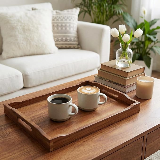 Acacia Wood Serving Tray with Handles, Rectangular Wooden Ottoman Tray - Image 6