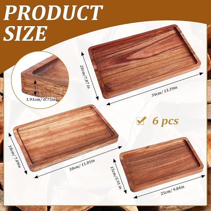 Qunclay 6 Pcs Acacia Wood Serving Trays Wooden Plates - Image 2