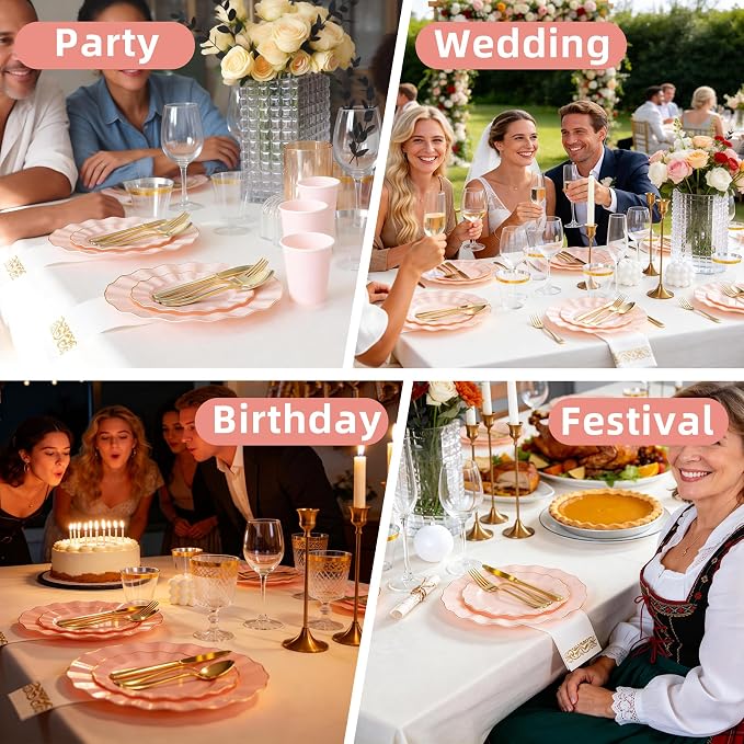 175PCS Pink Plastic Dinnerware Set, Wavy Plates - Image 6