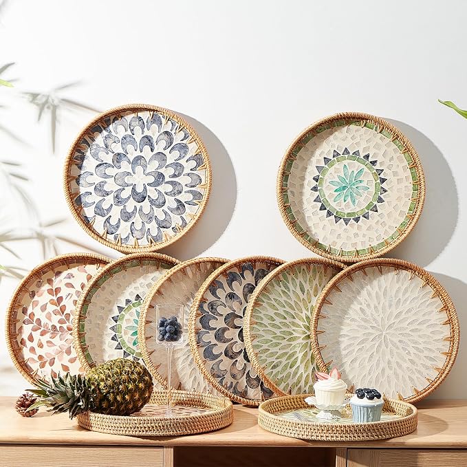 Kmelep Round Rattan Tray with Mother of Pearl Inlay, Rattan Serving Tray with - Image 5