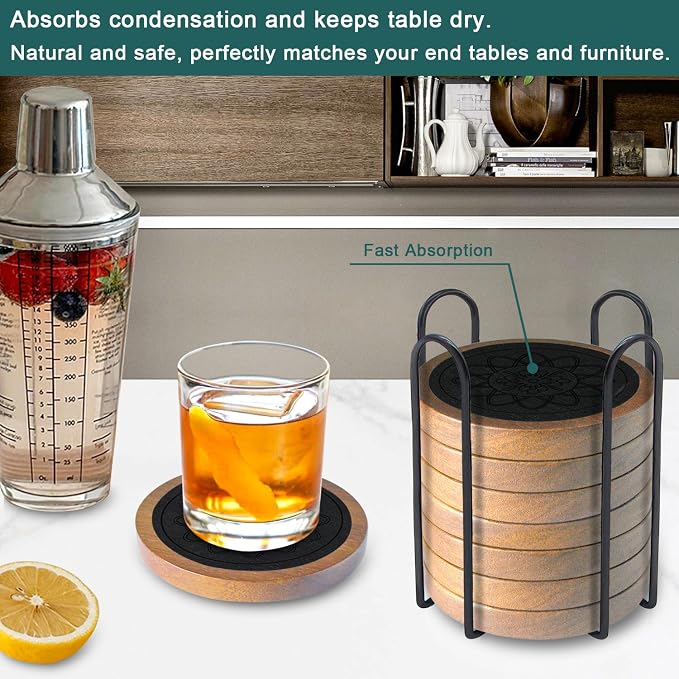 Wood Coasters for Drinks Set of 8, Minacun Absorbent Coaster, Drinks Coasters - Image 4