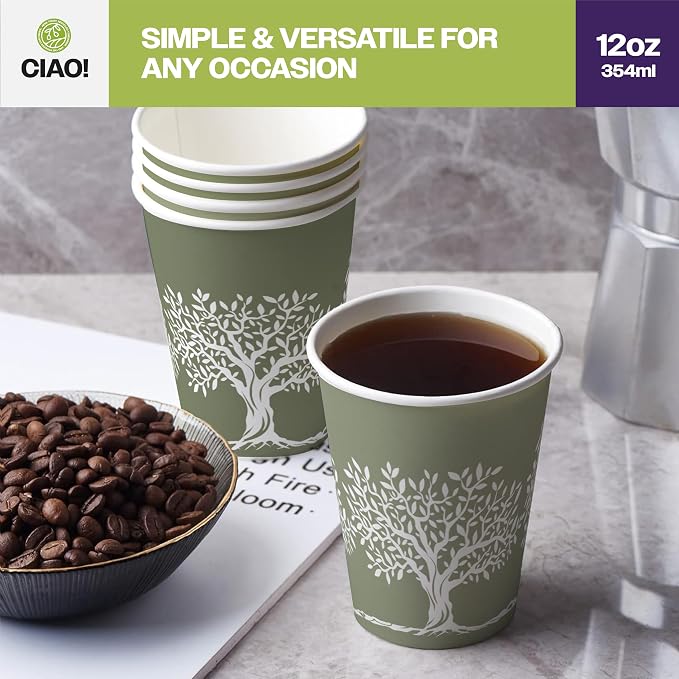CIAO! 12oz Paper Hot Cup, Rooted Olive Print - Image 6