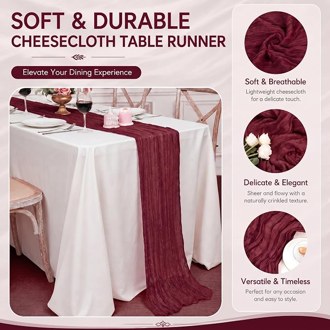 12 Pack Burgundy Cheesecloth Table Runner 17x108 Inch Boho Rustic Semi Sheer - Image 4