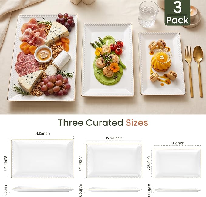 Kassel Ceramic Serving Platter Set | 14”/12”/10” Rectangular Serving Trays - Image 2