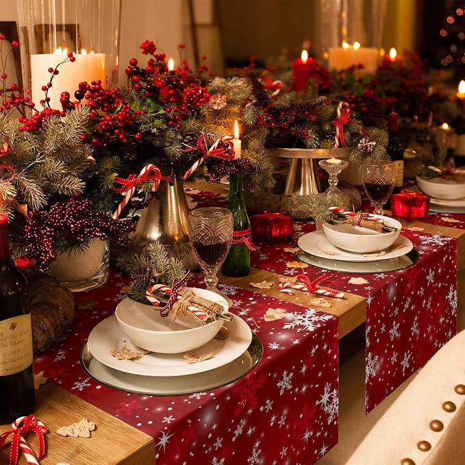Red Christmas Table Runners 90 Inches Long, Cotton Linen Fabric Snowflake Table - Image 2