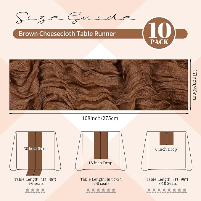10 Pack Brown Cheesecloth Table Runner 17x108 Inch Boho Gauze Cheese Cloth - Image 2
