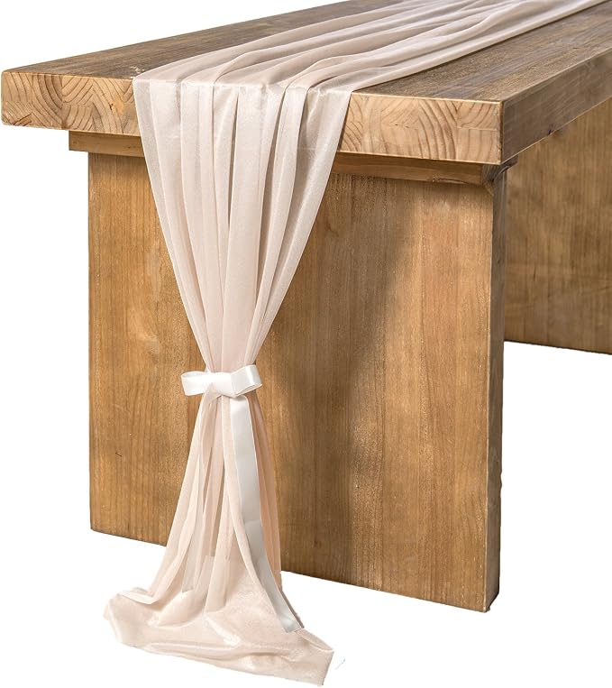 Ling's Moment 10Ft Nude Champagne Tulle Table Runner | Sheer Chiffon Like by LingsMoment