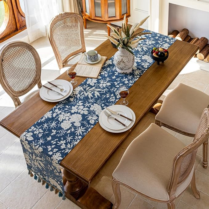 Botanical Jacquard Floral Dining Table Runner Blue 13 x 94 Inch | Jacquard - Image 4