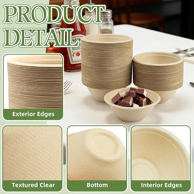 LeonBach 150 Pack 6 oz Natural Bagasse Fiber Paper Bowls, Small Compostable - Image 3