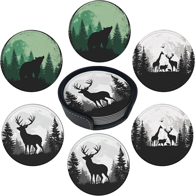 Deer Coasters Leather Round Drink Coasters 6 Pcs Set by Yopiiefa