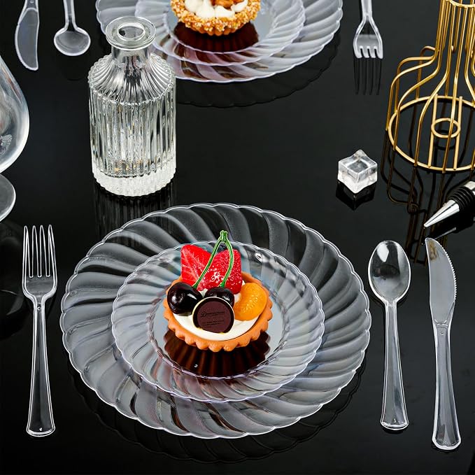 FOCUSLINE 100 Count Clear Plastic Plates 9 Inch, Disposable Heavy Duty Dinner - Image 5