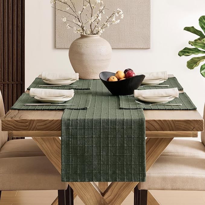 Artisanal Grid Linen Table Runner, 13x72 Inches Army Green | Heavy Textured - Image 4