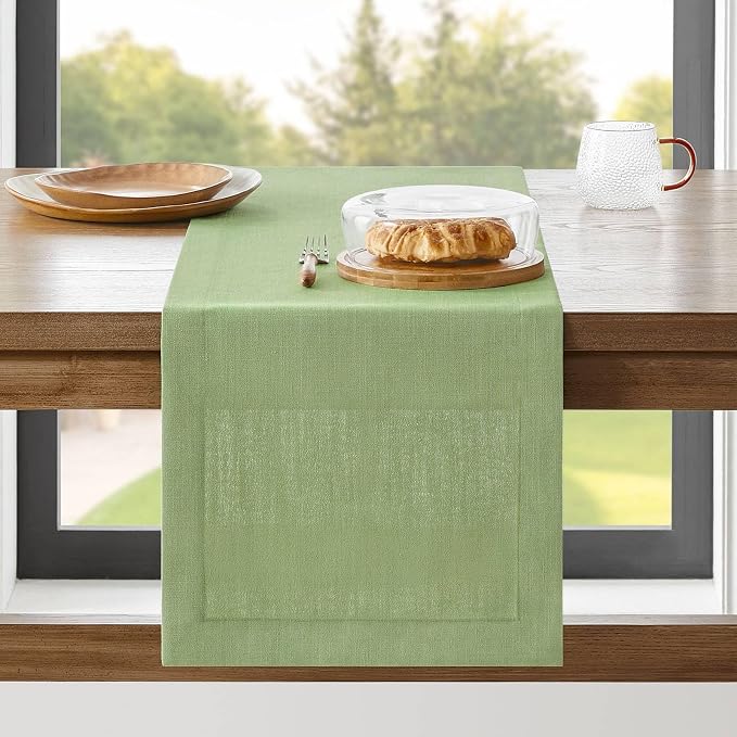 Linen Textured Border Table Runner, 14 x 36 Inch Green | Mitered Corner Design by ZEEMARTONLINE