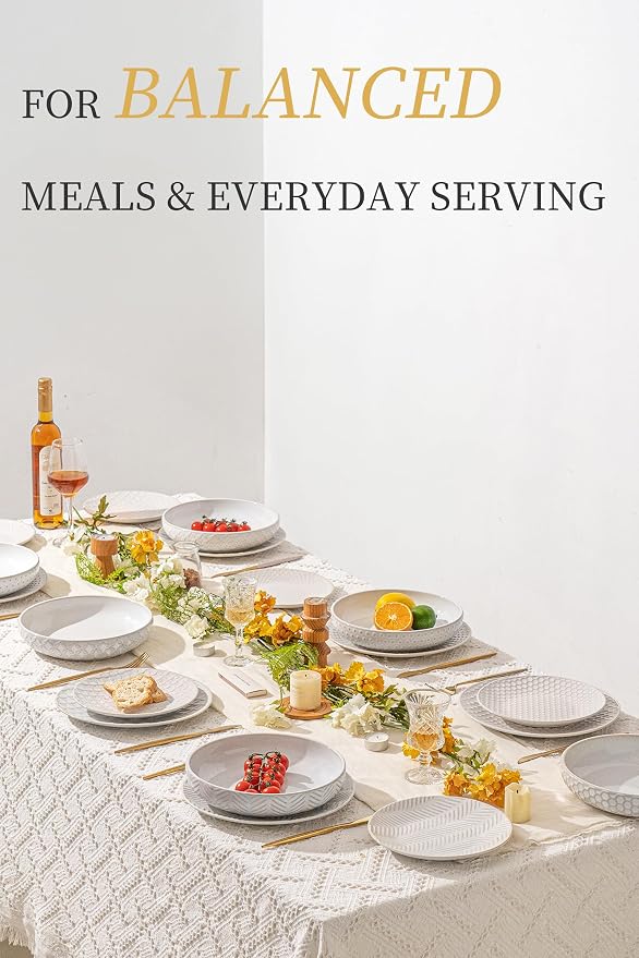 FOBENTA 18-Piece Embossed Ceramic Dinnerware Set–6 Dinner Plates, 6 Salad Plates - Image 4