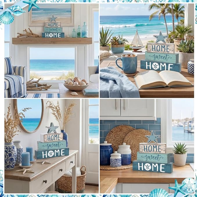 Cinnvoice 4 Pcs Beach Summer Starfish Wooden Block Decor Coastal Farmhouse - Image 4