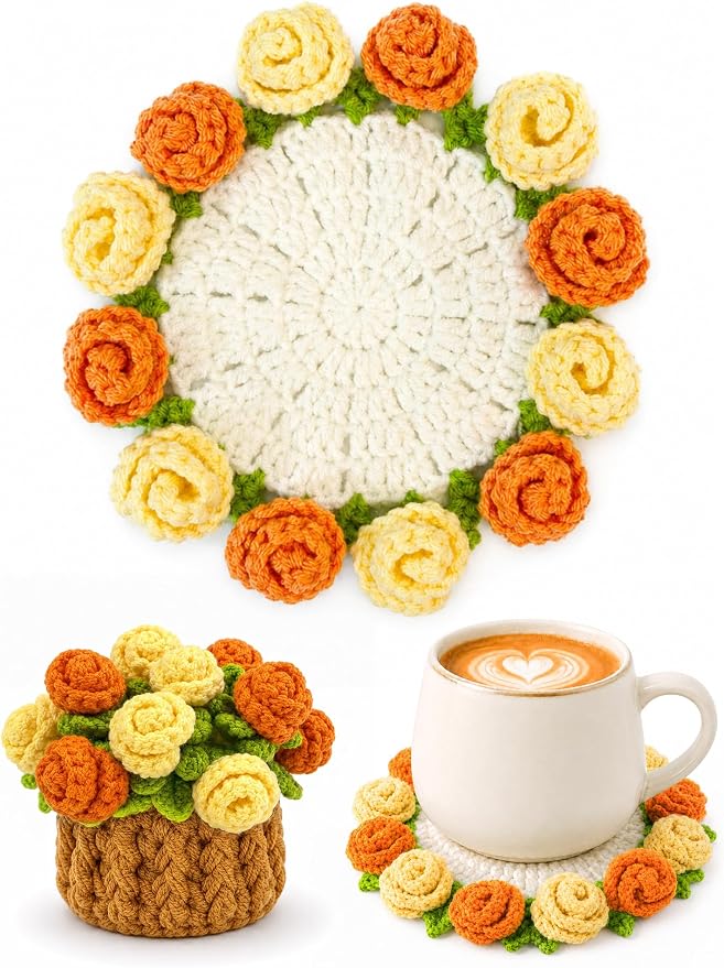 Crochet Flower Bouquet Coasters, Cotton Rose Gifts by KQJS