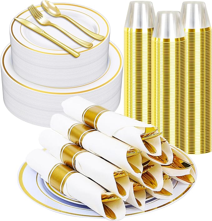 Zcaukya 350 PCS Gold Plastic Dinnerware Set by Zcaukya%7CBringYouHappyTime