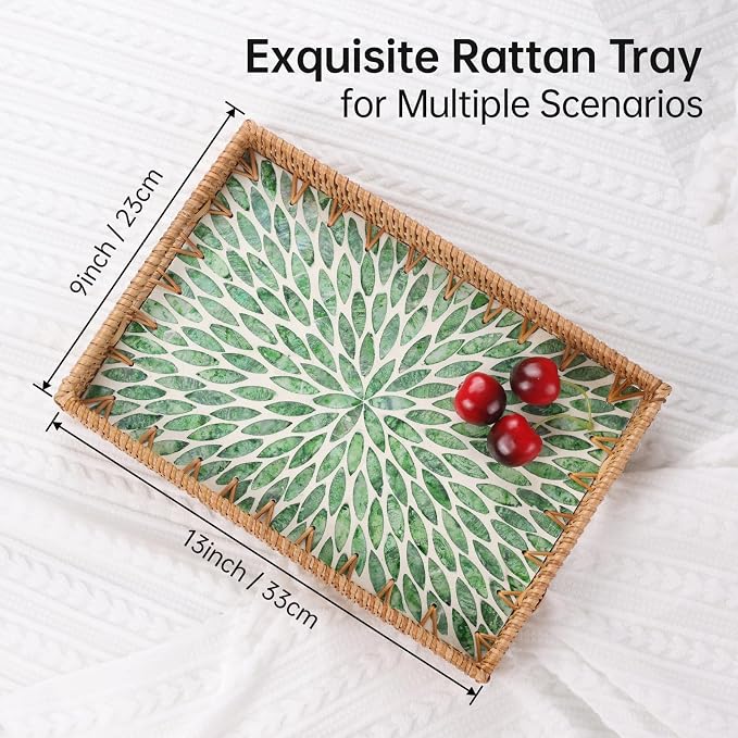 Rectangle Rattan Tray with Mother of Pearl Inlay, Rattan Serving Tray with - Image 9