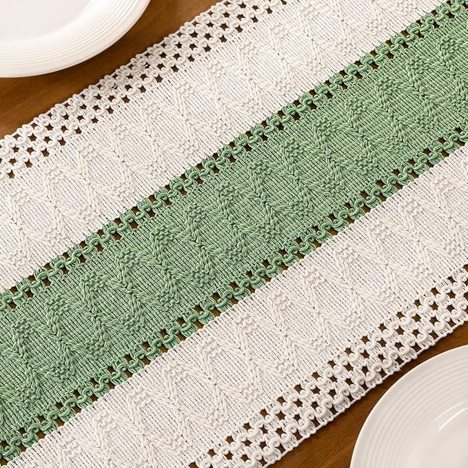 Ivory & Sage Boho Table Runner Macrame Woven Table Runner 12x90 Inch | Small - Image 6