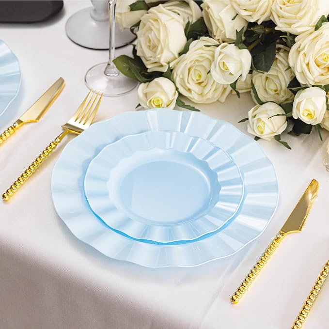 60 Pcs Blue Plates, Wave Edge Design Disposable Plastic Plates | Disposable - Image 6