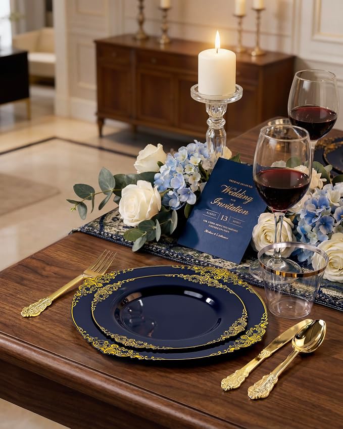 Nervure 350Pcs Blue Plastic Plates, Disposable Dinnerware Set - Image 2