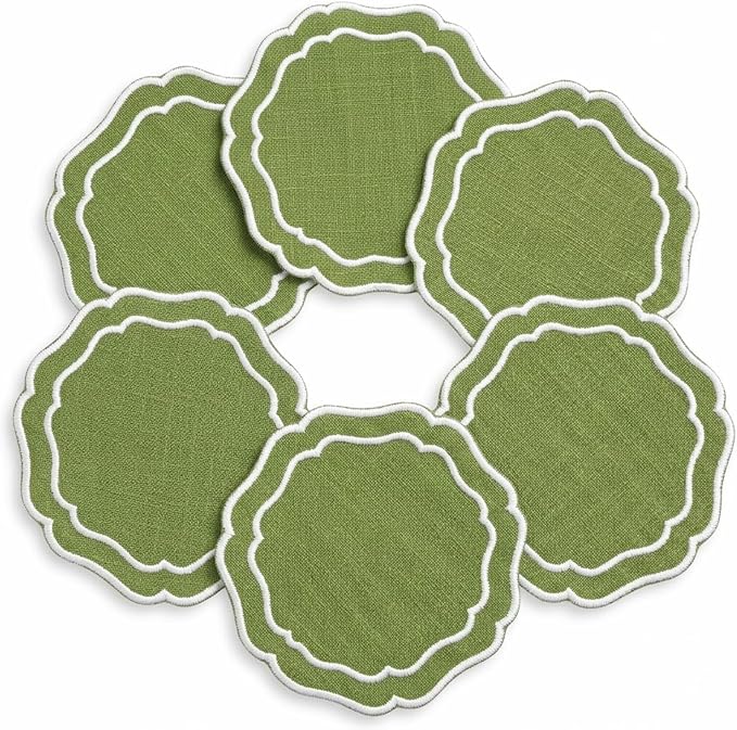 Linen Coasters for Drinks, 4.5 inch, Fern | Absorbent Linen Drink Mats by EmbroideryLinenVN