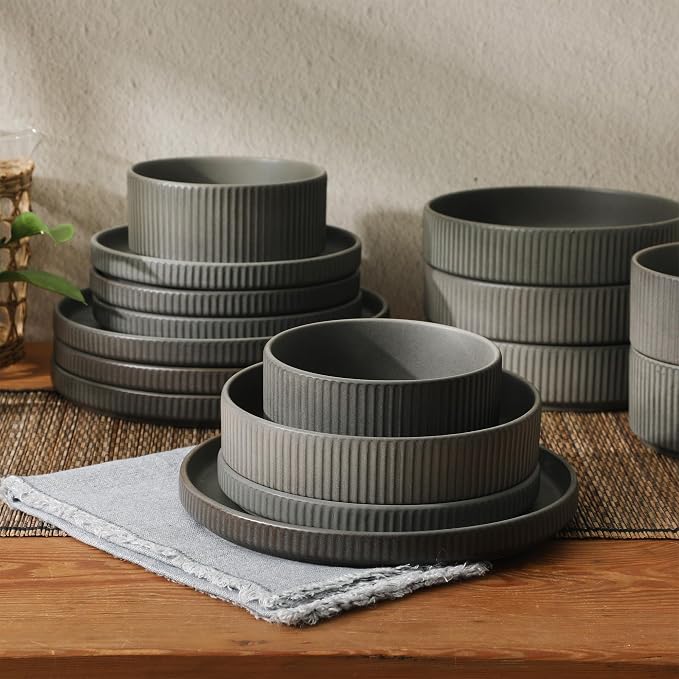 Gibson Elite Deerfield 16-Piece Stoneware Dinnerware Set – Soft Grey Reactive - Image 6