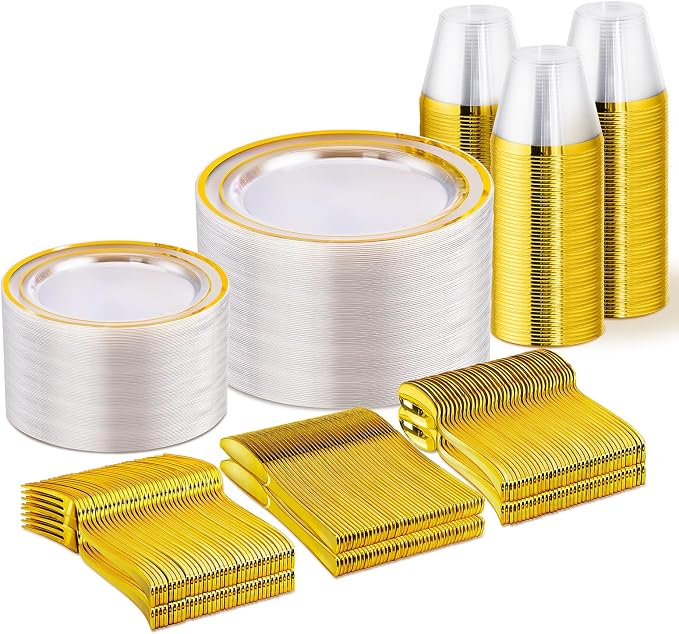 WELLIFE Clear and Gold Plastic Plates, Dinnerware Set by WELLIFE